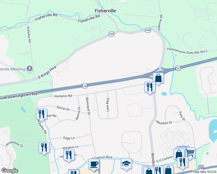 map of restaurants, bars, coffee shops, grocery stores, and more near 3523 Humpton Road in Downingtown
