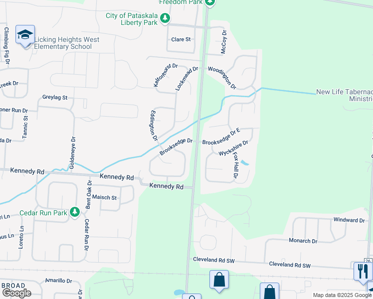 map of restaurants, bars, coffee shops, grocery stores, and more near 101 Brooksedge Drive in Pataskala