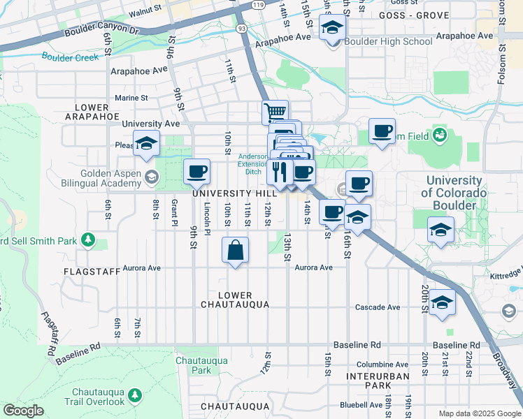 map of restaurants, bars, coffee shops, grocery stores, and more near 1053 12th Street in Boulder