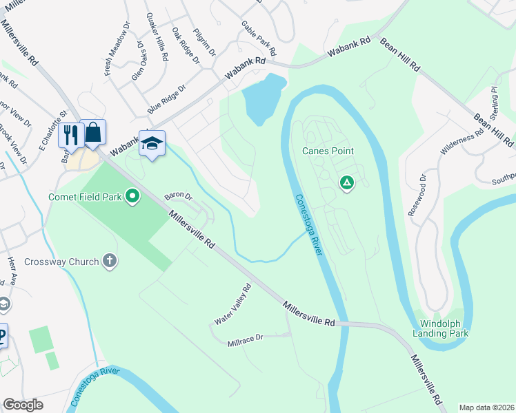 map of restaurants, bars, coffee shops, grocery stores, and more near 186 Waypoint Drive in Lancaster