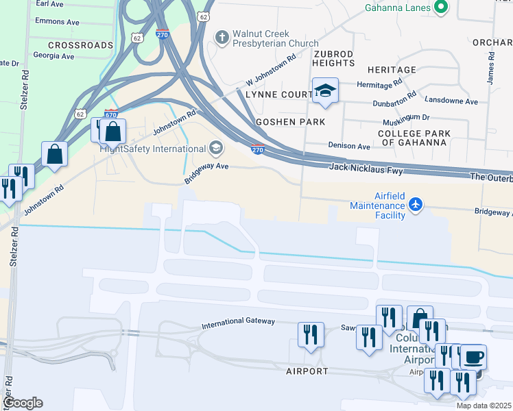 map of restaurants, bars, coffee shops, grocery stores, and more near 4151 Bridgeway Avenue in Columbus