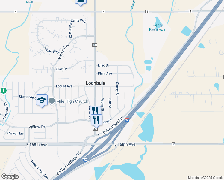 map of restaurants, bars, coffee shops, grocery stores, and more near 319 Elm Street in Lochbuie