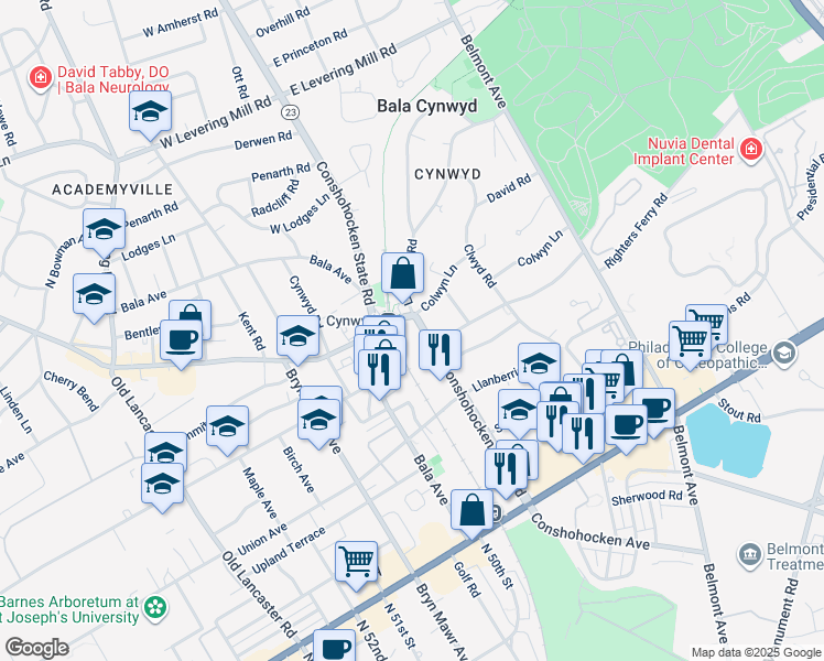 map of restaurants, bars, coffee shops, grocery stores, and more near 206 Conshohocken State Road in Bala Cynwyd
