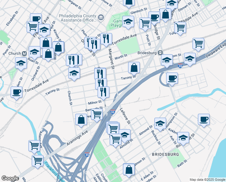 map of restaurants, bars, coffee shops, grocery stores, and more near 4638 East Stiles Street in Philadelphia