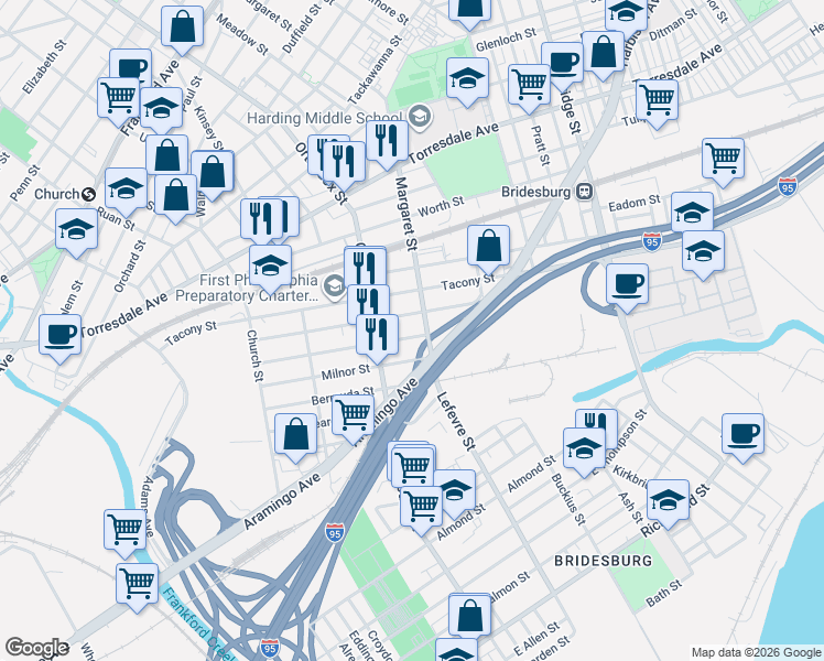 map of restaurants, bars, coffee shops, grocery stores, and more near 4638 East Stiles Street in Philadelphia