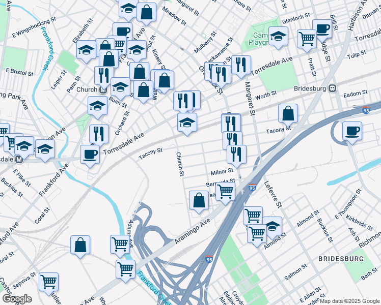 map of restaurants, bars, coffee shops, grocery stores, and more near 4320 Melrose Street in Philadelphia