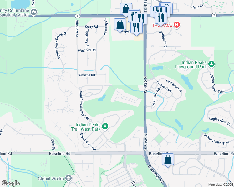 map of restaurants, bars, coffee shops, grocery stores, and more near 3042 Thunder Lake Circle in Lafayette