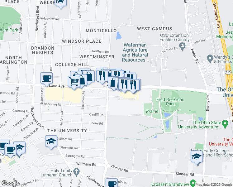 map of restaurants, bars, coffee shops, grocery stores, and more near 1375 West Lane Avenue in Columbus