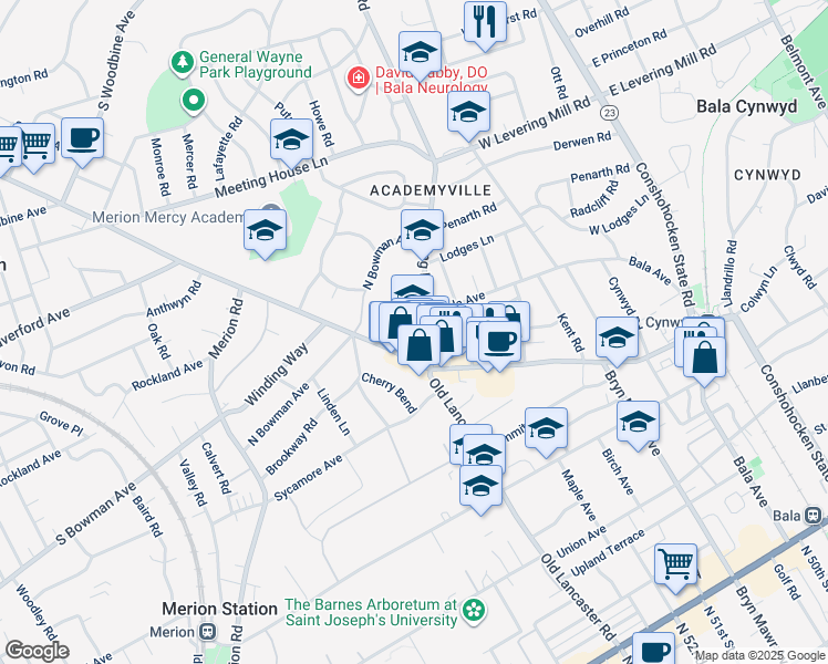 map of restaurants, bars, coffee shops, grocery stores, and more near 314 Levering Mill Road in Bala Cynwyd