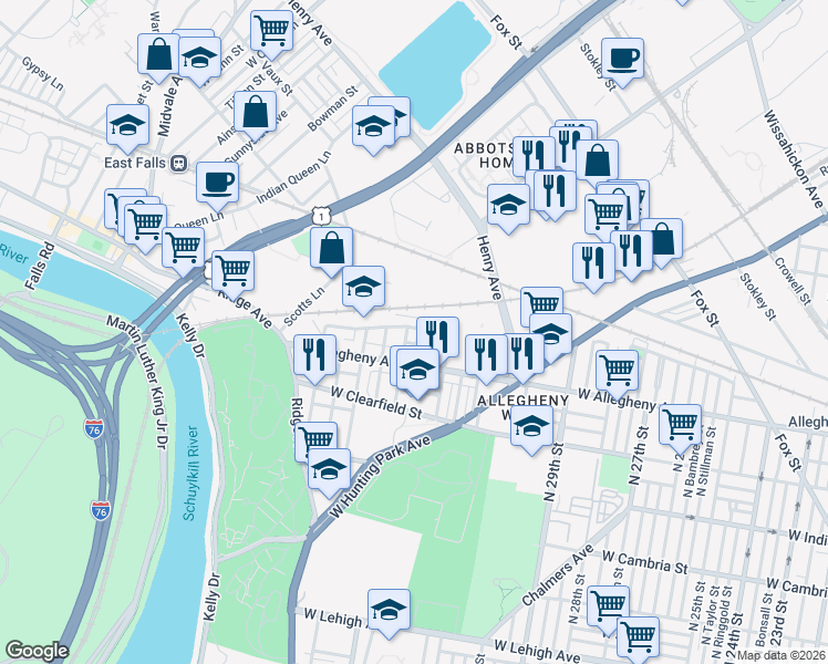 map of restaurants, bars, coffee shops, grocery stores, and more near 3229 North 33rd Street in Philadelphia