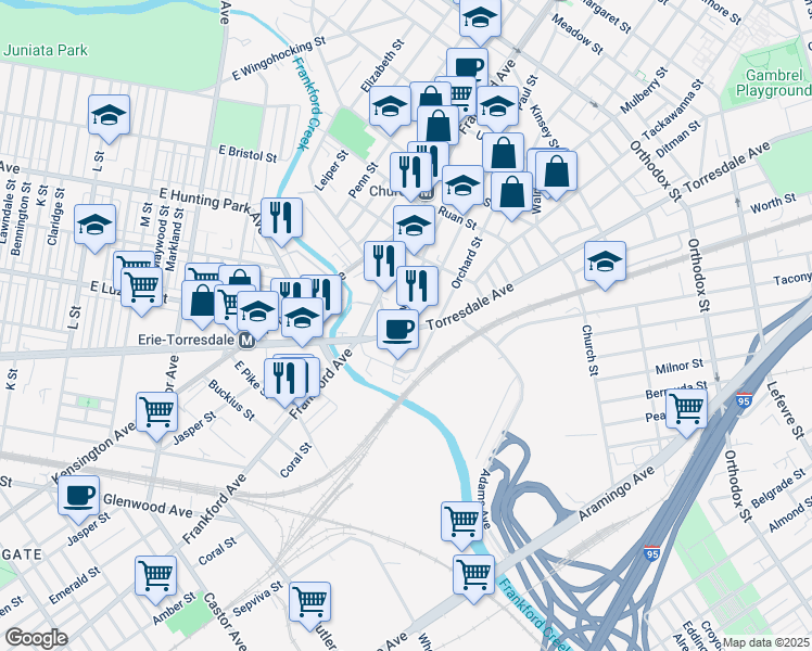 map of restaurants, bars, coffee shops, grocery stores, and more near 4122 Torresdale Avenue in Philadelphia