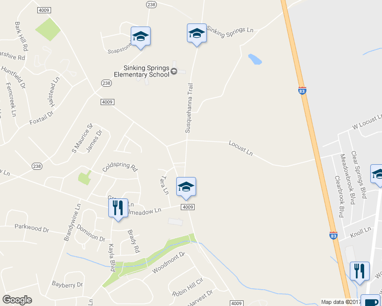 map of restaurants, bars, coffee shops, grocery stores, and more near 2685 North Susquehanna Trail in York