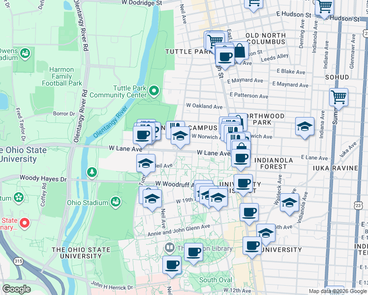 map of restaurants, bars, coffee shops, grocery stores, and more near 132 West Lane Avenue in Columbus
