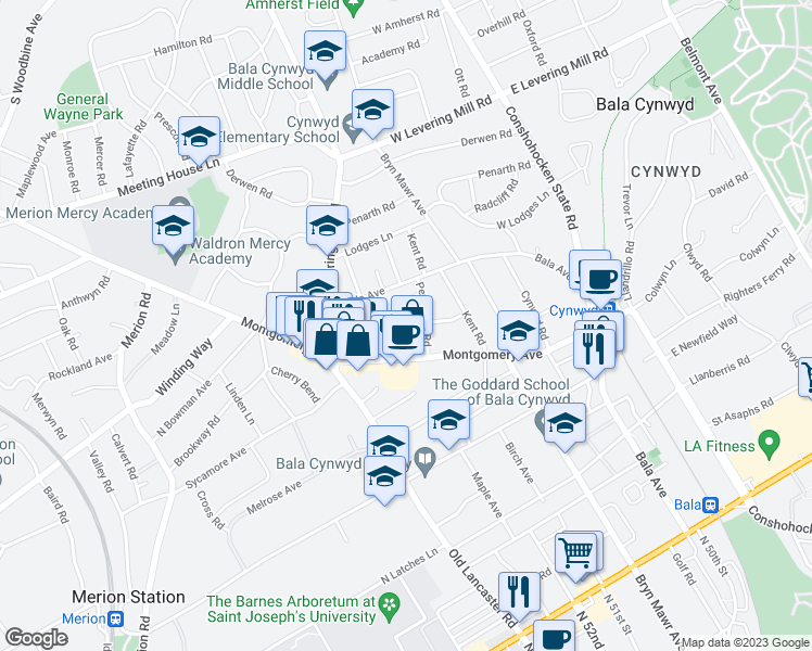 map of restaurants, bars, coffee shops, grocery stores, and more near 309 Bangor Road in Bala Cynwyd