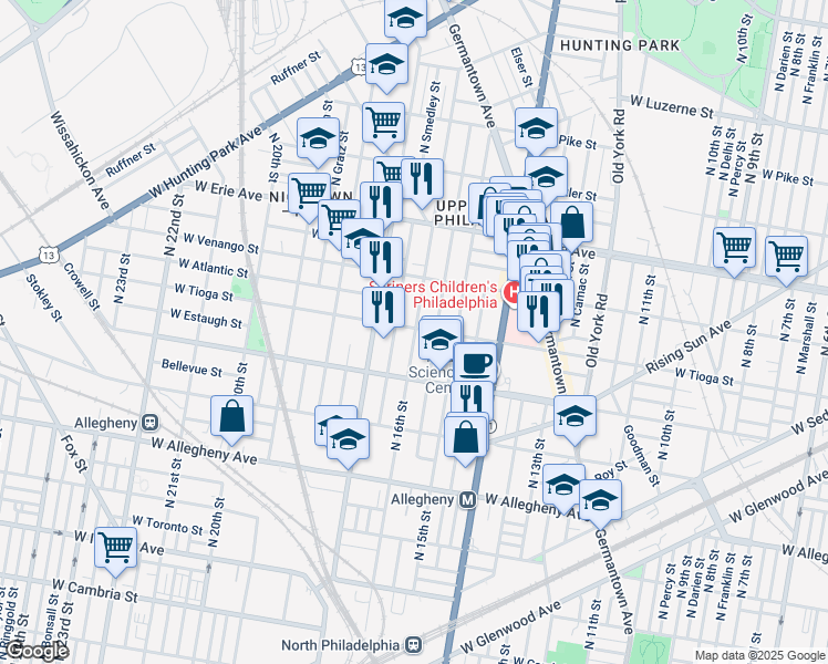 map of restaurants, bars, coffee shops, grocery stores, and more near 3482 North 16th Street in Philadelphia