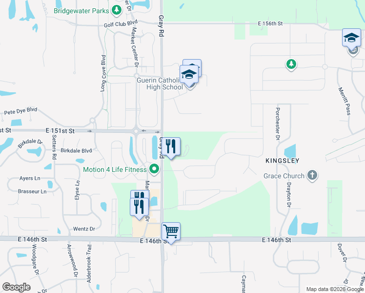 map of restaurants, bars, coffee shops, grocery stores, and more near 15055 Gray Road in Noblesville