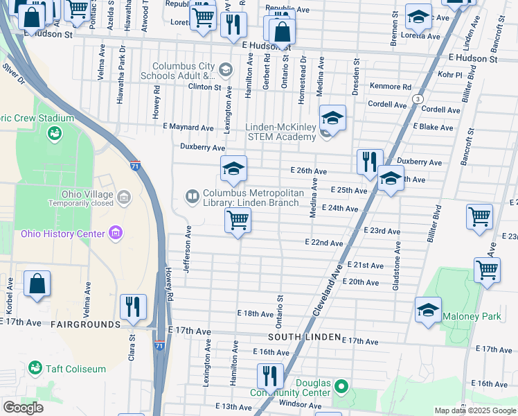 map of restaurants, bars, coffee shops, grocery stores, and more near 1129 East 24th Avenue in Columbus