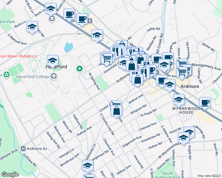 map of restaurants, bars, coffee shops, grocery stores, and more near 121 Ardmore Avenue in Ardmore