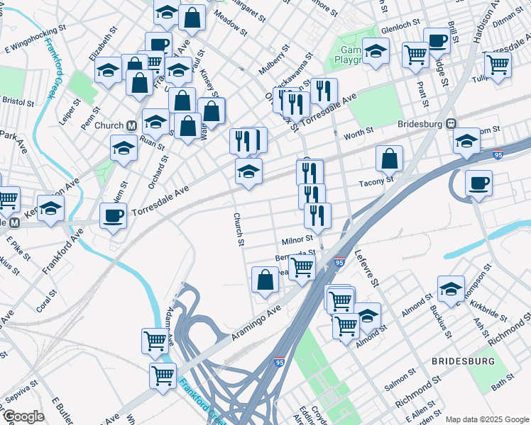 map of restaurants, bars, coffee shops, grocery stores, and more near 2320 Duncan Street in Philadelphia