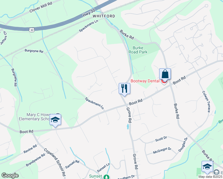 map of restaurants, bars, coffee shops, grocery stores, and more near 1430 Grove Avenue in West Chester