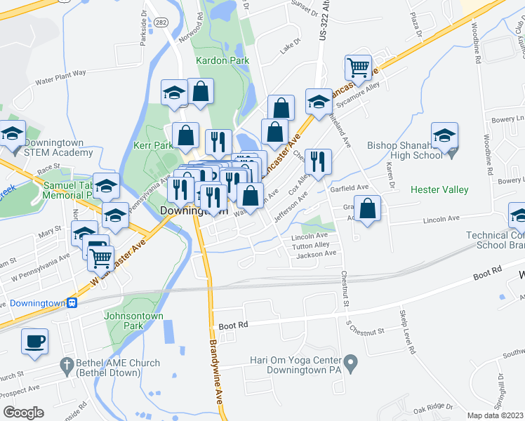 map of restaurants, bars, coffee shops, grocery stores, and more near 8 Cherry Street in Downingtown