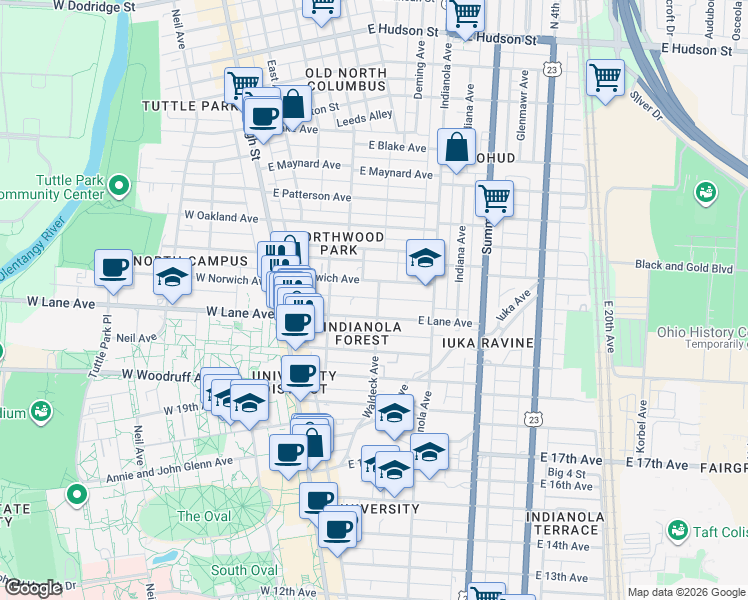 map of restaurants, bars, coffee shops, grocery stores, and more near 2141 Waldeck Avenue in Columbus