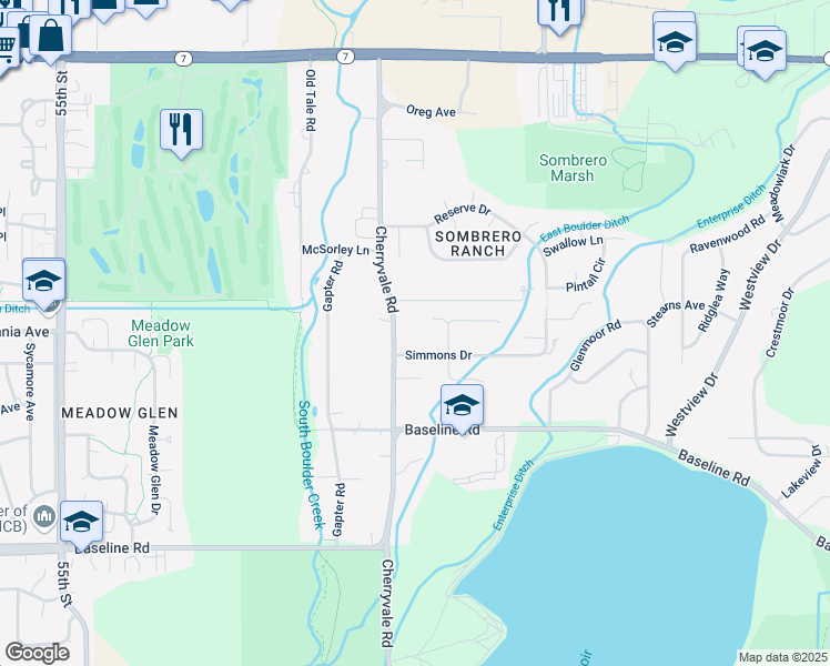 map of restaurants, bars, coffee shops, grocery stores, and more near 1098 Cherryvale Road in Boulder