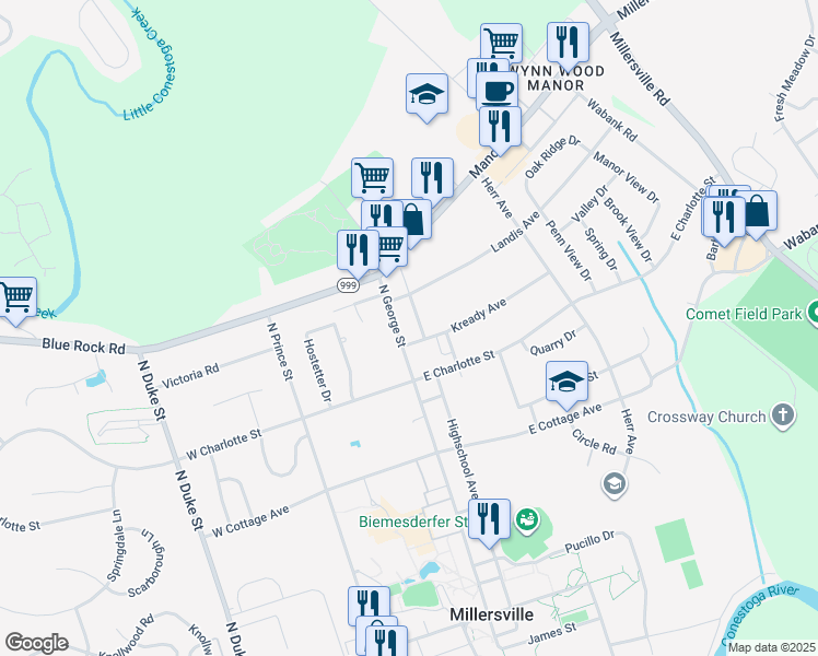 map of restaurants, bars, coffee shops, grocery stores, and more near 440 North George Street in Millersville