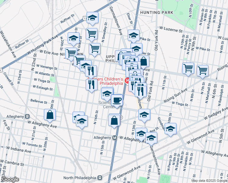 map of restaurants, bars, coffee shops, grocery stores, and more near 1433 West Tioga Street in Philadelphia