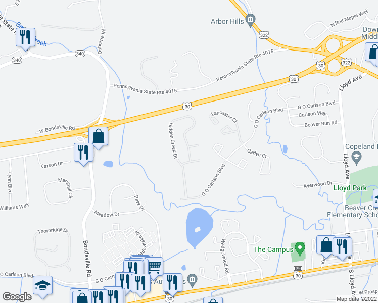 map of restaurants, bars, coffee shops, grocery stores, and more near 328 Hidden Creek Drive in Downingtown
