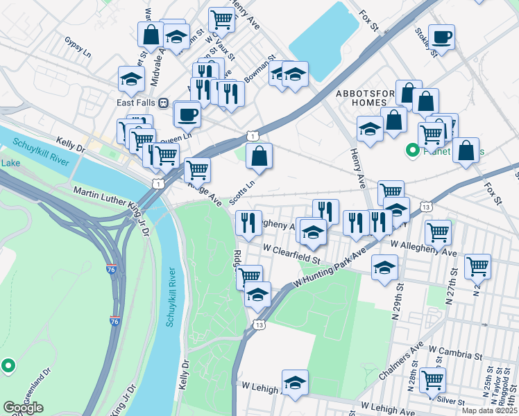 map of restaurants, bars, coffee shops, grocery stores, and more near 3438 West Westmoreland Street in Philadelphia