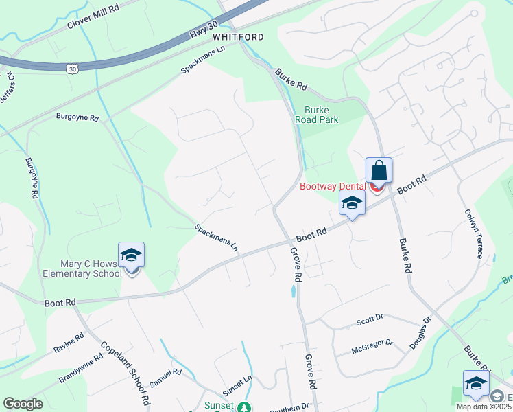 map of restaurants, bars, coffee shops, grocery stores, and more near 1430 Grove Avenue in West Chester