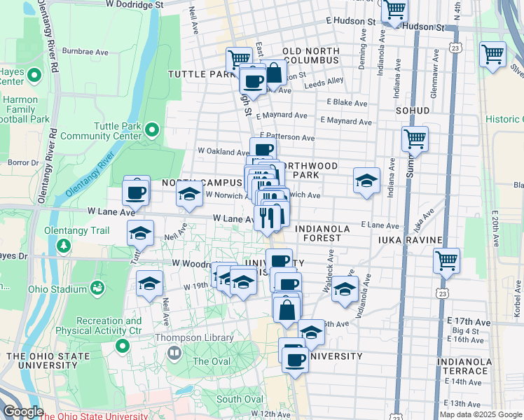 map of restaurants, bars, coffee shops, grocery stores, and more near 2165 North High Street in Columbus