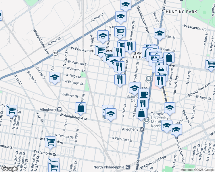 map of restaurants, bars, coffee shops, grocery stores, and more near 1712 West Tioga Street in Philadelphia