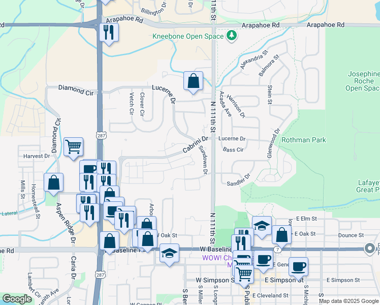 map of restaurants, bars, coffee shops, grocery stores, and more near 631 Siena Court in Lafayette