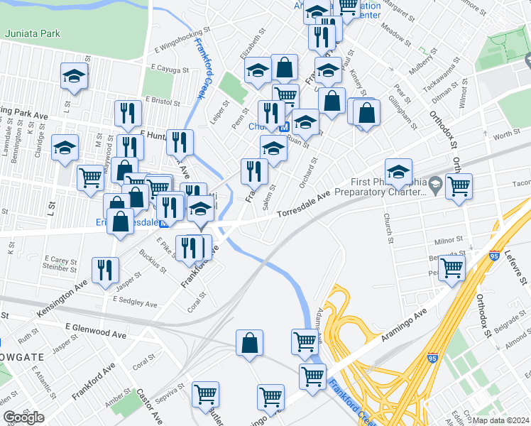 map of restaurants, bars, coffee shops, grocery stores, and more near 4120 Torresdale Avenue in Philadelphia