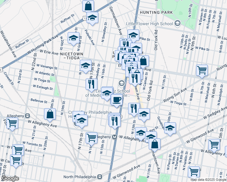map of restaurants, bars, coffee shops, grocery stores, and more near 1435 West Tioga Street in Philadelphia