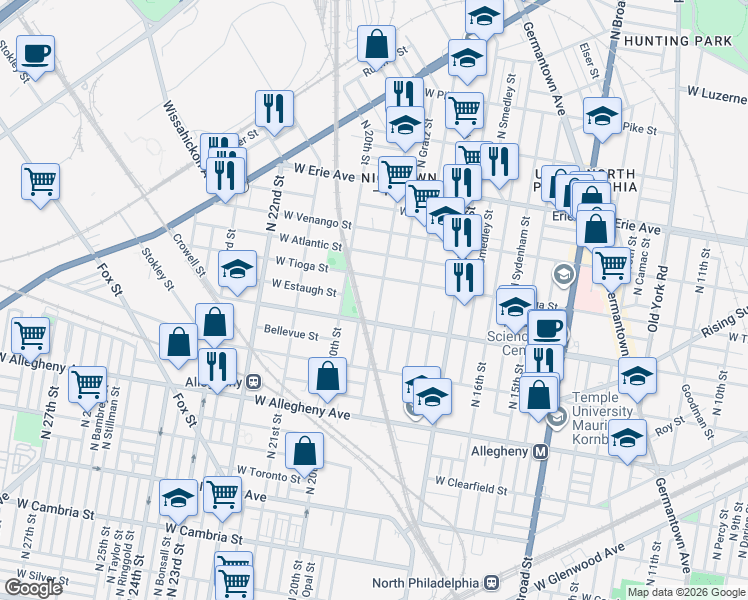 map of restaurants, bars, coffee shops, grocery stores, and more near 3412 North 19th Street in Philadelphia