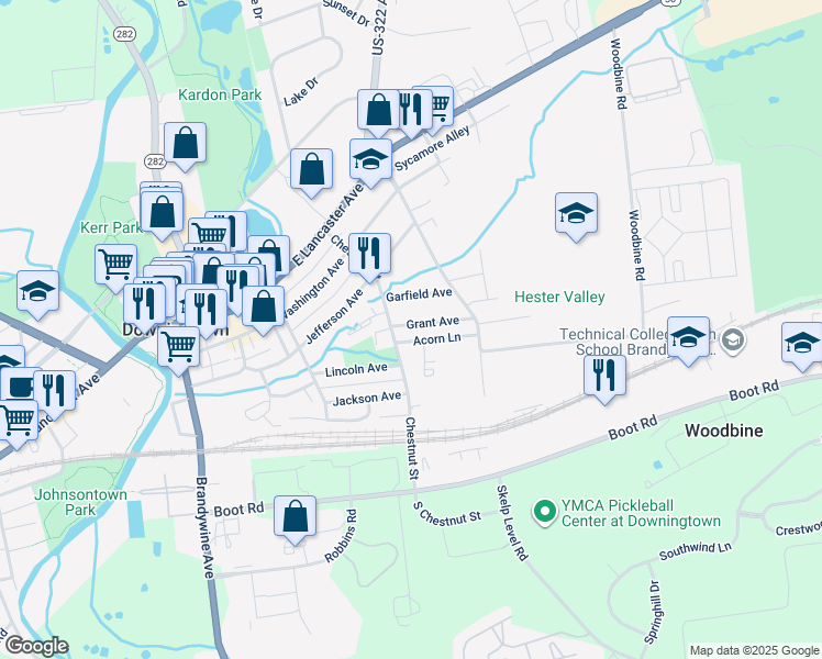 map of restaurants, bars, coffee shops, grocery stores, and more near 412 Grant Avenue in Downingtown