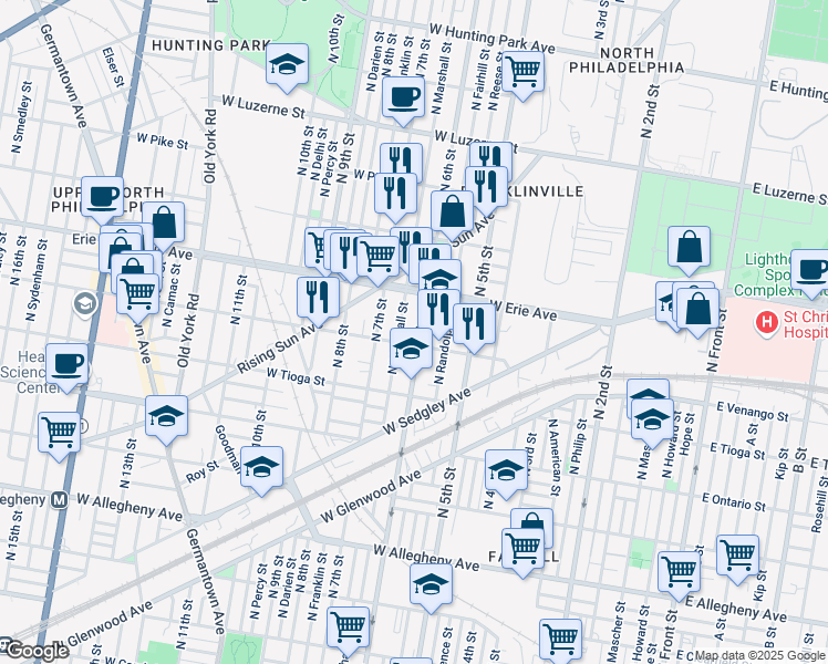 map of restaurants, bars, coffee shops, grocery stores, and more near 3619 North Marshall Street in Philadelphia