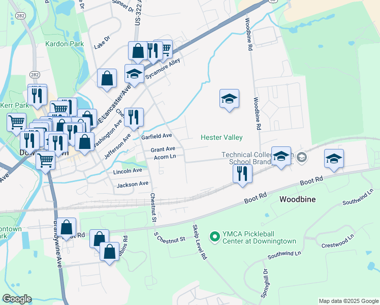 map of restaurants, bars, coffee shops, grocery stores, and more near 504 Grant Avenue in Downingtown