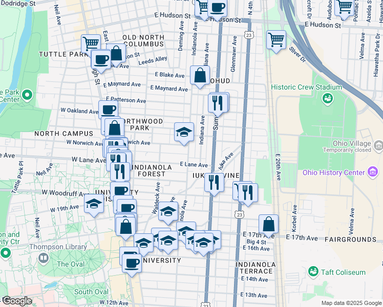 map of restaurants, bars, coffee shops, grocery stores, and more near 2132 Indianola Avenue in Columbus