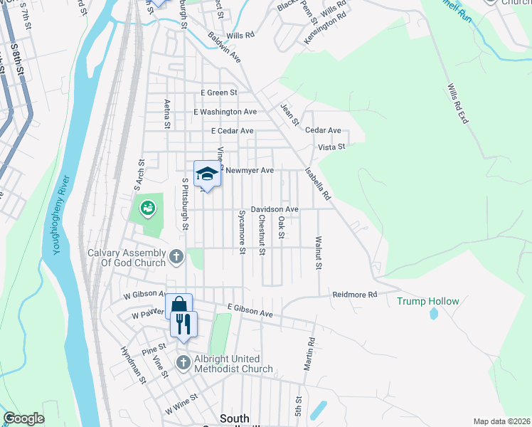 map of restaurants, bars, coffee shops, grocery stores, and more near 1203 Chestnut St in Connellsville