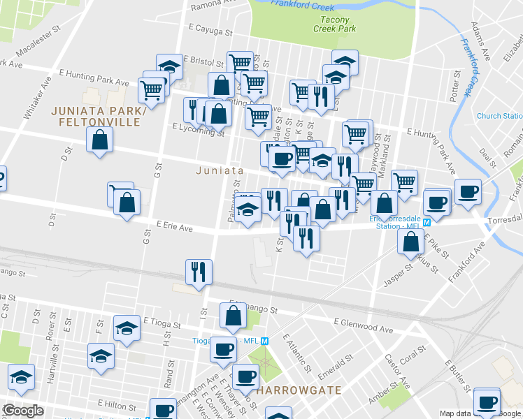 map of restaurants, bars, coffee shops, grocery stores, and more near 3850 Lawndale Street in Philadelphia