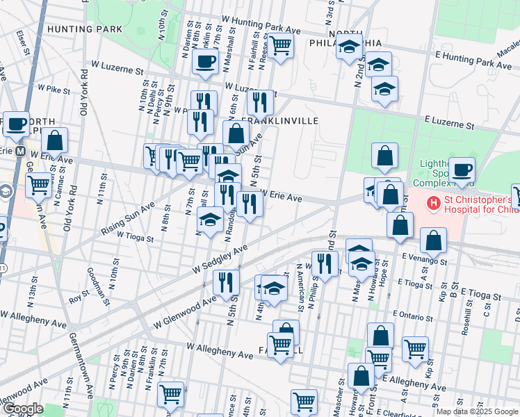 map of restaurants, bars, coffee shops, grocery stores, and more near 3626 North Lawrence Street in Philadelphia