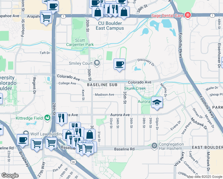 map of restaurants, bars, coffee shops, grocery stores, and more near 3293 Madison Avenue in Boulder