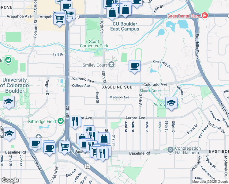 map of restaurants, bars, coffee shops, grocery stores, and more near 3161 Madison Avenue in Boulder