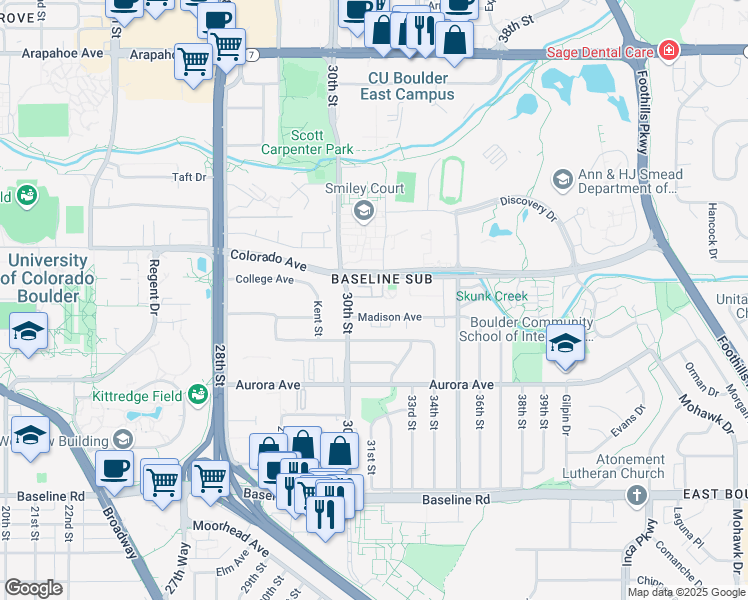 map of restaurants, bars, coffee shops, grocery stores, and more near 3161 Madison Avenue in Boulder