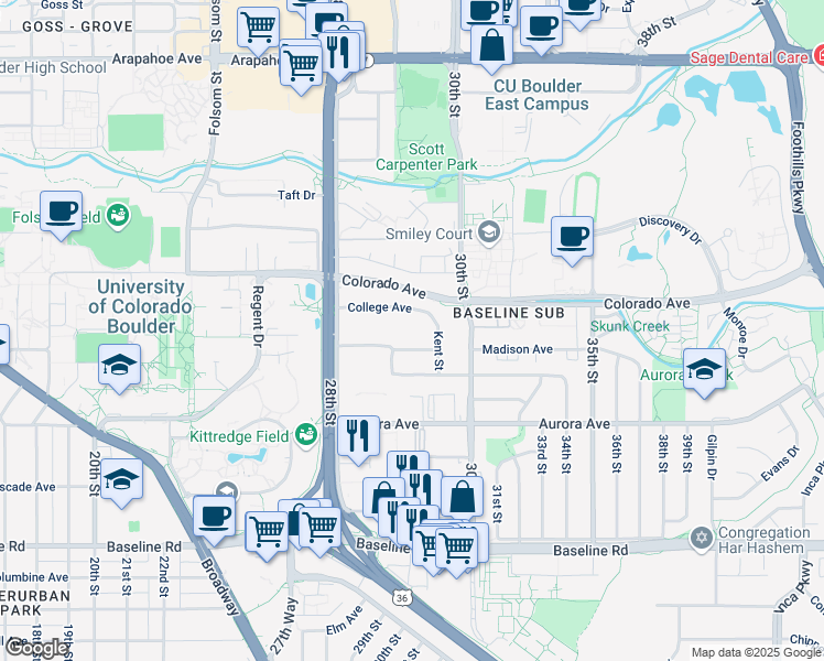 map of restaurants, bars, coffee shops, grocery stores, and more near 1030 Adams Circle in Boulder