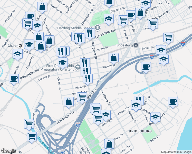 map of restaurants, bars, coffee shops, grocery stores, and more near 4638 East Stiles Street in Philadelphia